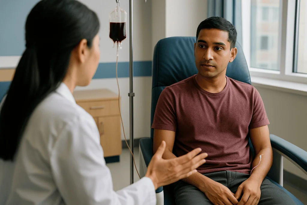 Healthcare provider consulting with patient in clinical setting: Who needs regular transfusions, and who is usually asked to