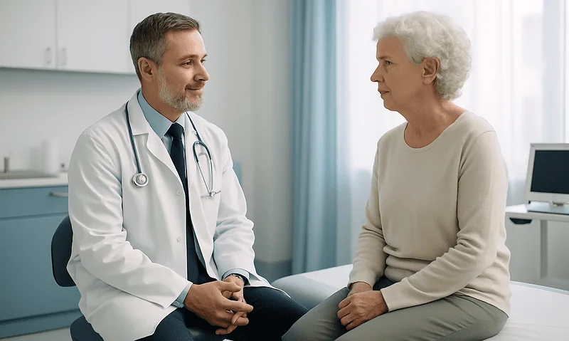 ENT doctor consulting with an elderly female patient in a medical office.