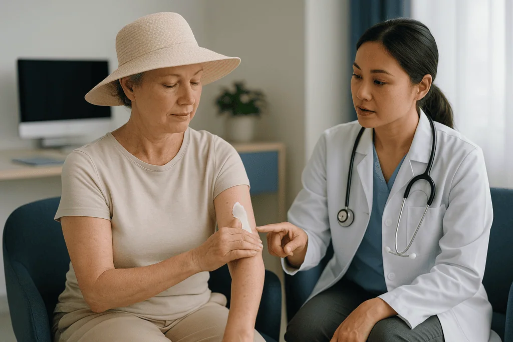 Doctor examining patient's skin lesion during consultation: Who needs the strictest sun protection, and who is asked to wait