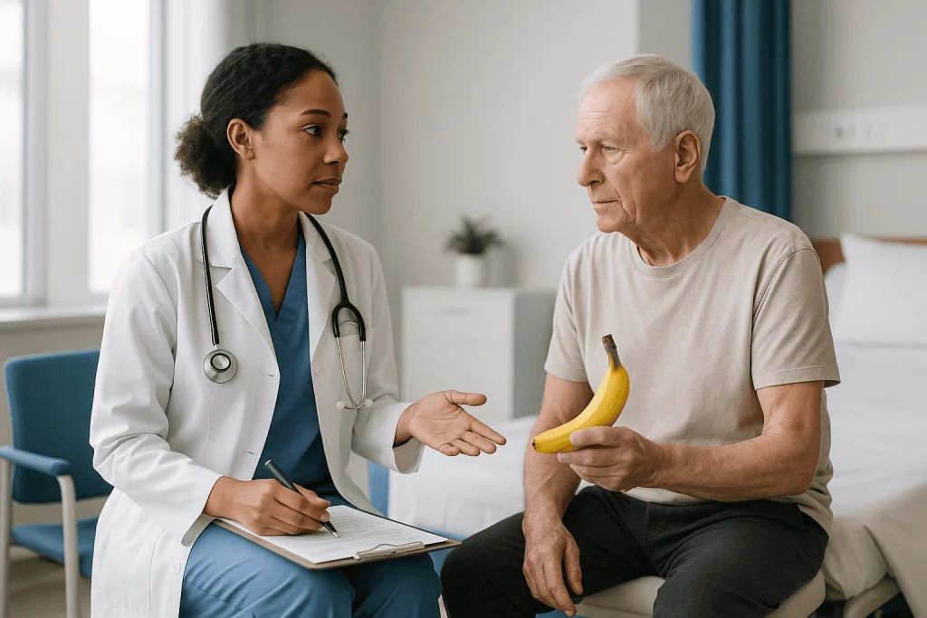 Doctor consulting elderly patient holding banana: Who needs treatment right away, and who is usually asked to wait and reche