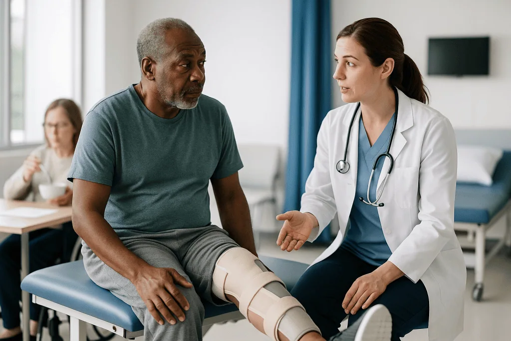 Doctor examining patient's leg bandage in clinical setting: Who neurological rehabilitation is for, and who is usually asked