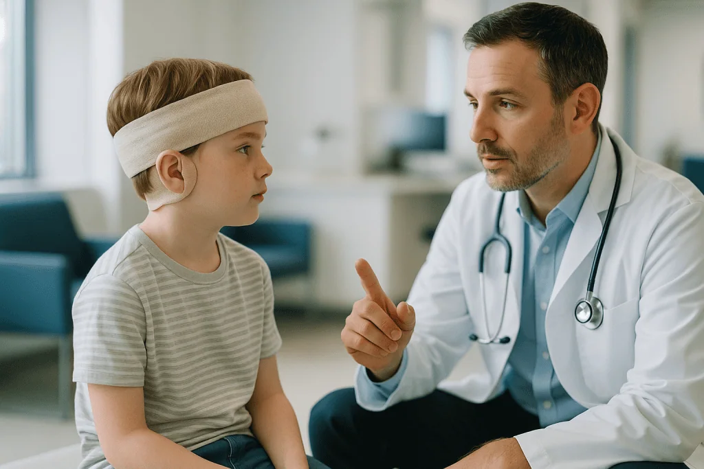 Doctor consulting child with head bandage in clinic: Who otoplasty is usually for, and who is asked to wait