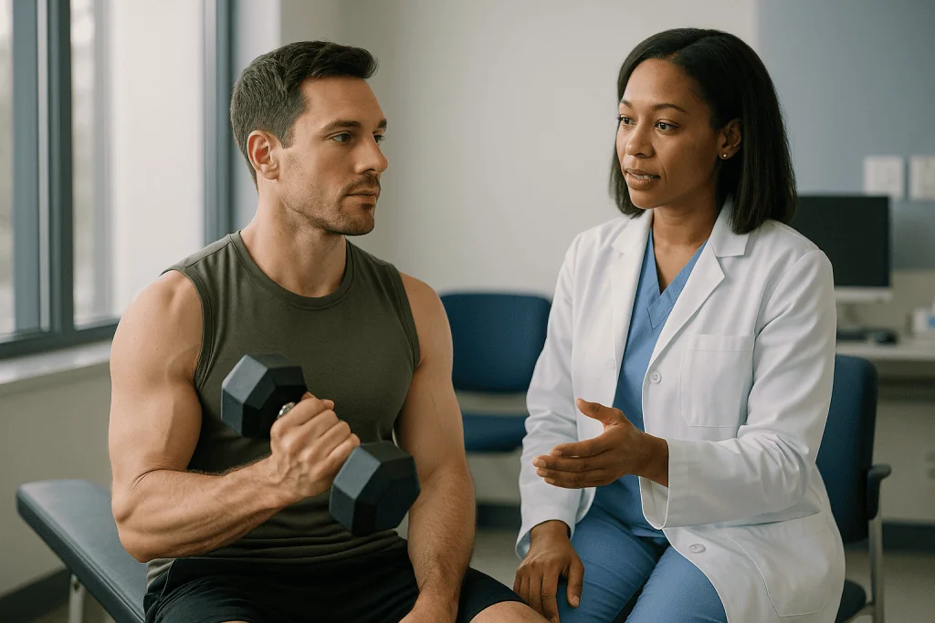 Doctor consulting with male patient holding dumbbell: Who pectoral implants are usually for, and who is usually asked to wai