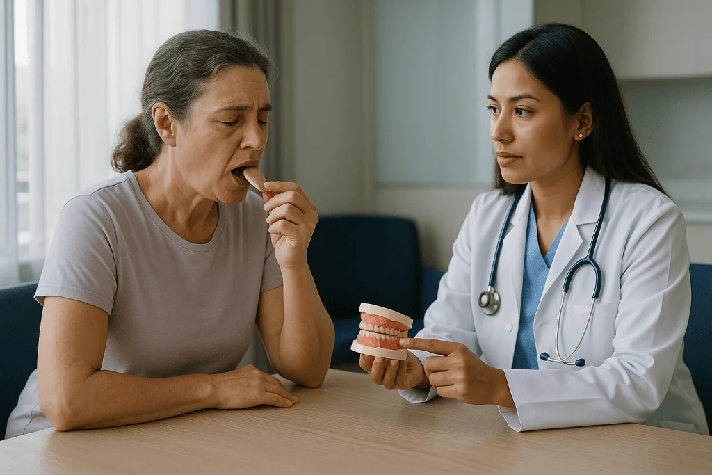 Dentist consulting patient about dental model: Who porcelain veneers with bruxism usually suit, and who is asked to wait