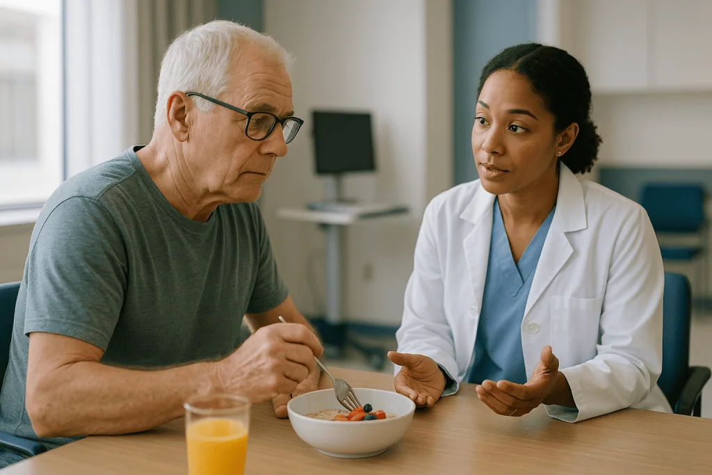 Doctor consulting with senior patient about nutrition, eating cereal: Who PRK is usually for, and who is usually asked to wa