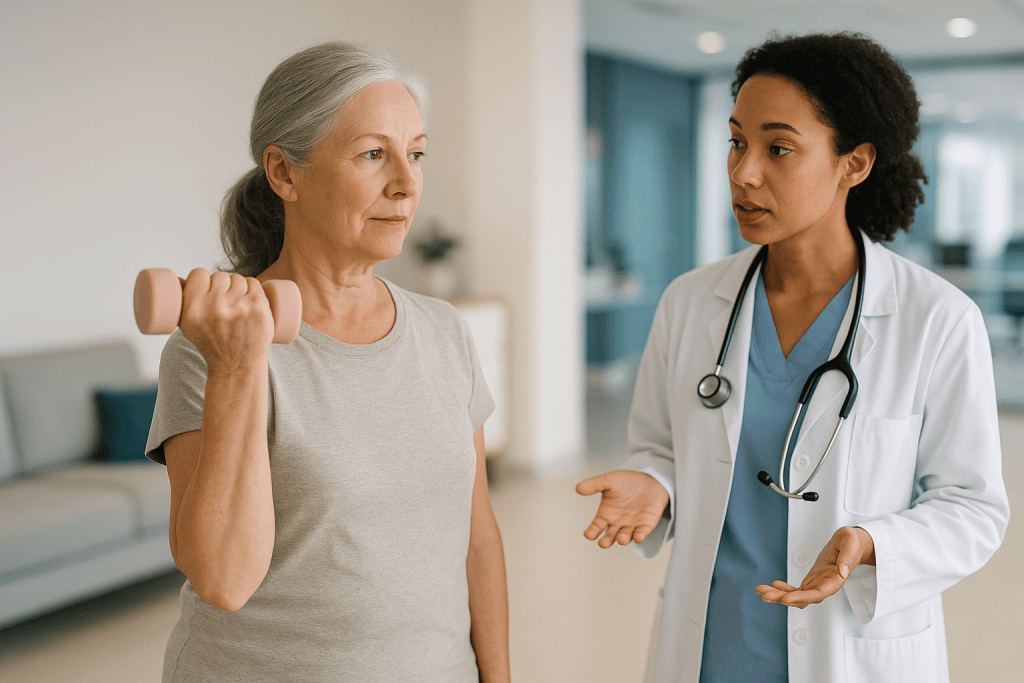 Mature woman with dumbbell consulting female physician: Who prolapse surgery is usually for, and who is asked to wait