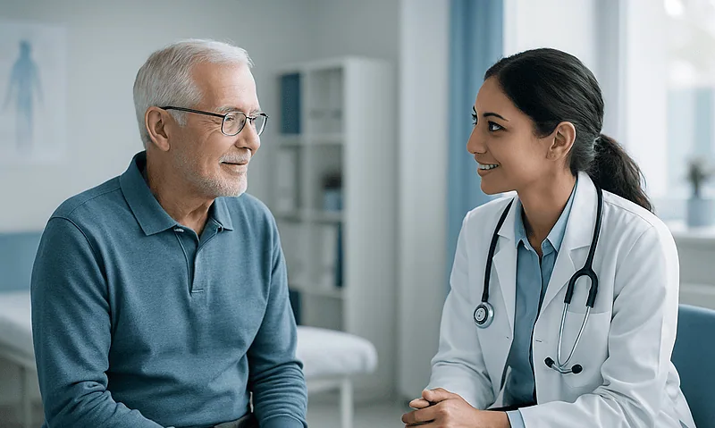 Doctor consulting with elderly male patient in a medical office.
