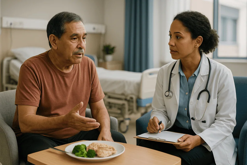 Doctor consulting with patient about diet and nutrition: Who radioembolization is usually for, and who is usually asked to w