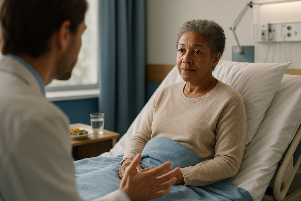 Healthcare provider consulting with patient in hospital bed: Who recovers at home, and who is usually admitted?