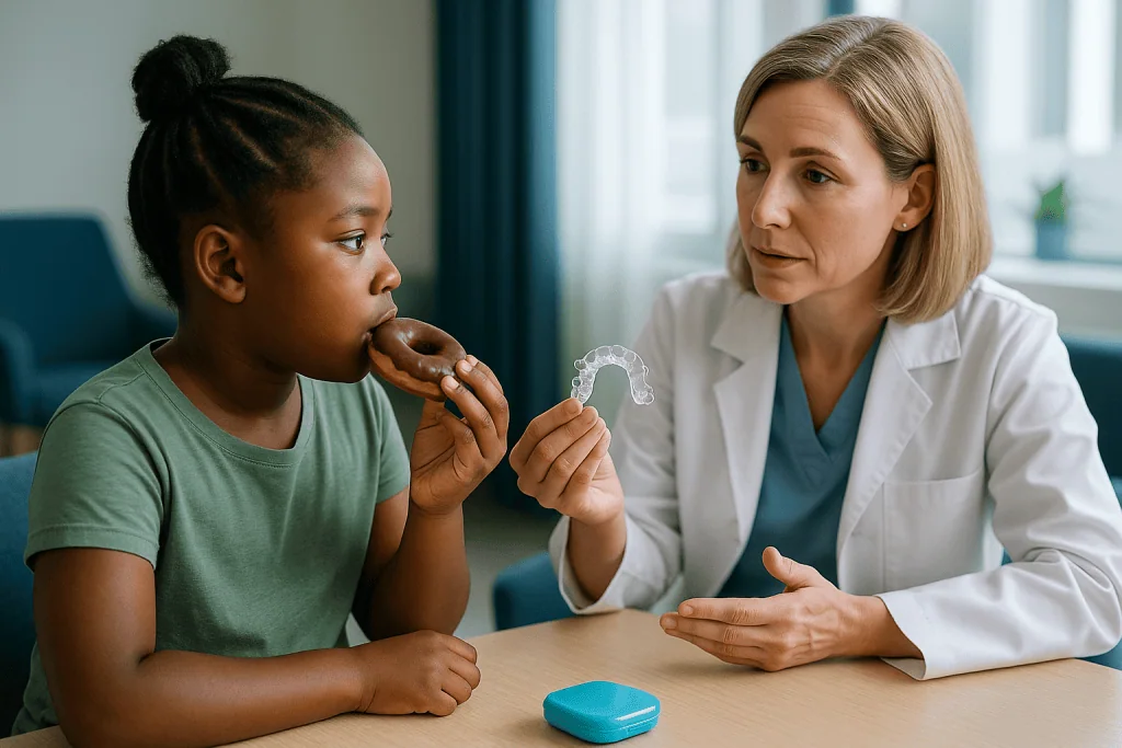 Orthodontist showing clear aligner to young patient: Who removable appliances are usually for, and who is asked to wait
