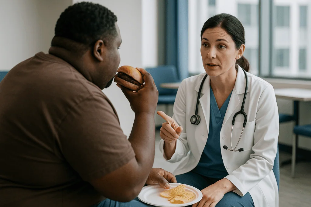 Doctor counseling patient about diet and nutrition: Who robotic bariatric surgery is usually for, and who is asked to wait
