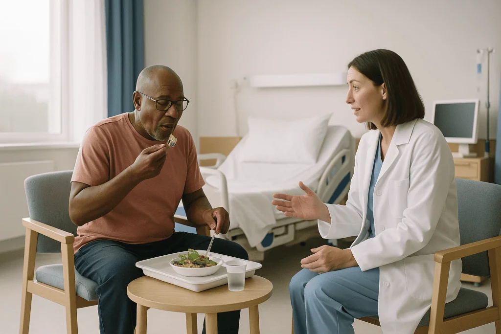 Doctor consulting patient about diet in hospital room: Who robotic kidney cancer surgery is usually for, and who is usually 