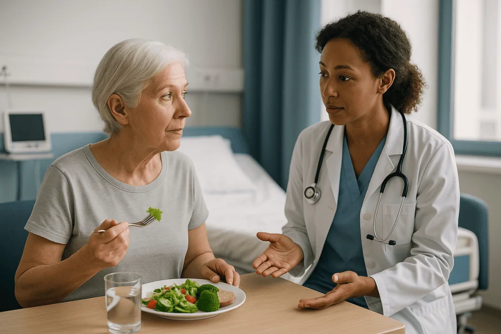 Doctor discussing nutrition with elderly patient during consultation: Who robotic lung surgery is usually for, and who is as