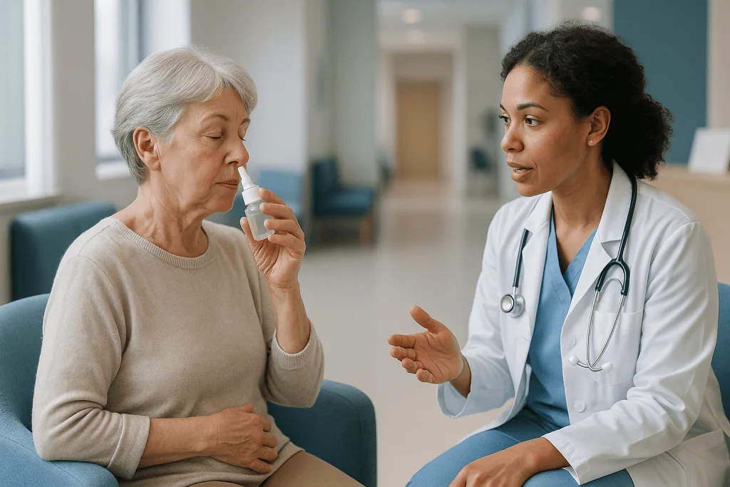 Doctor consulting with elderly patient about nasal spray: Who septoplasty is usually for, and who is usually asked to wait