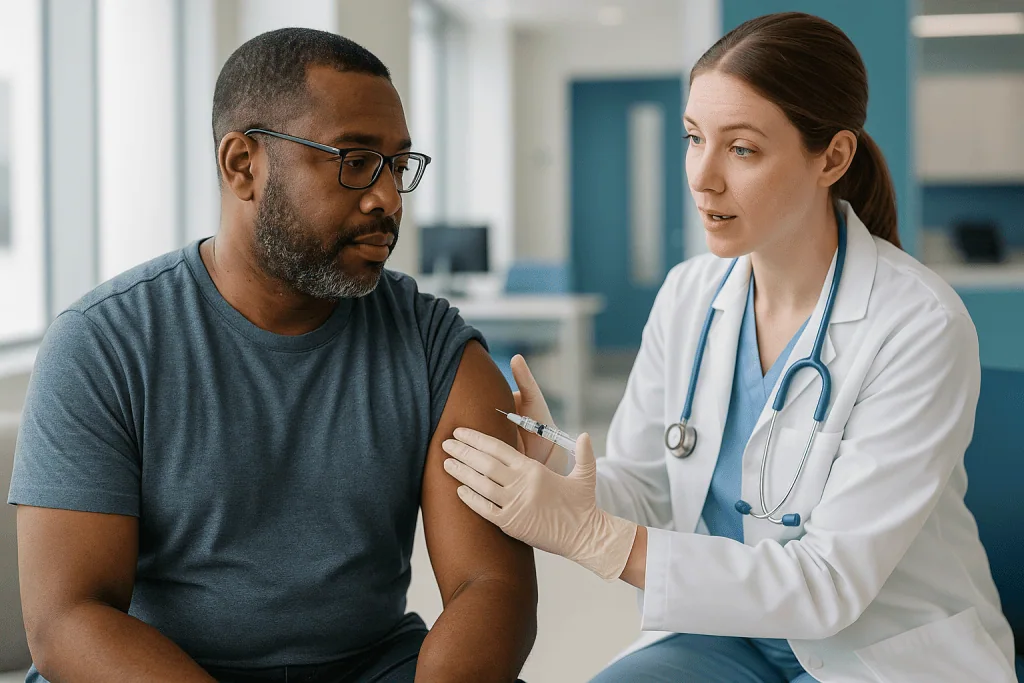 Doctor administering vaccine injection to adult male patient: Who should get the mpox vaccine, according to the CDC?