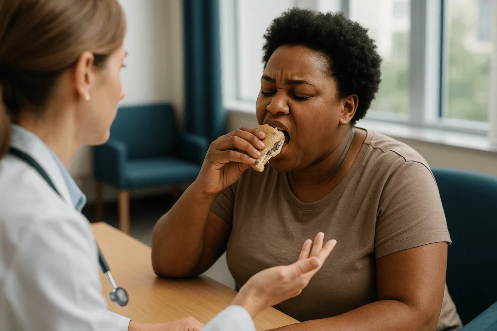 Woman eating sandwich during medical consultation: Who should not get masseter Botox, or should usually wait