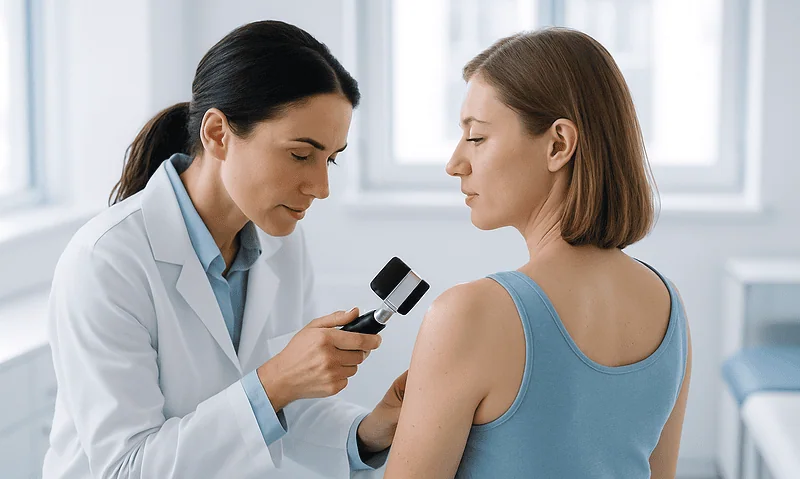 Dermatologist examining a patient's skin with a magnifying device in a clinical setting.