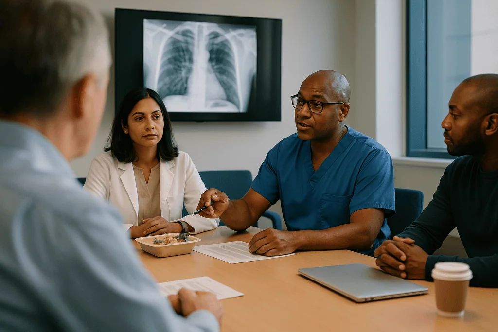 Medical team consultation meeting with chest X-ray displayed: Who sits around the multidisciplinary team table