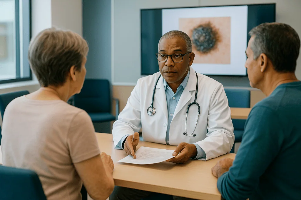 Doctor consulting with two patients in office setting: Who sits on a multidisciplinary melanoma team?