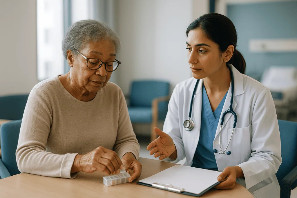 Doctor consulting with elderly patient about medication: Who starts treatment now, and who is asked to watch and wait?
