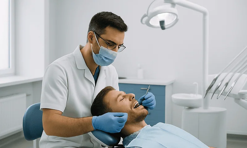 Dentist examining patient's teeth in a modern dental clinic.