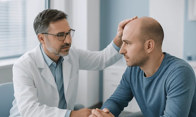 Doctor examining a patient's scalp for hair loss or scars.