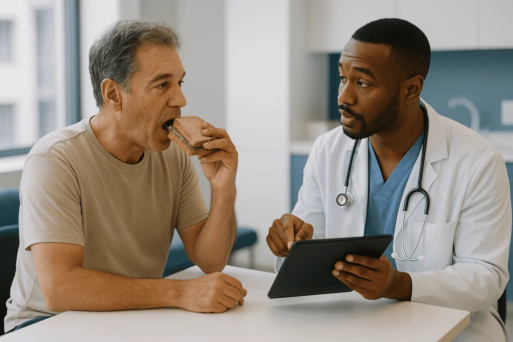 Doctor consultation with patient eating sandwich: Who teledentistry is usually for, and who is usually asked to come in