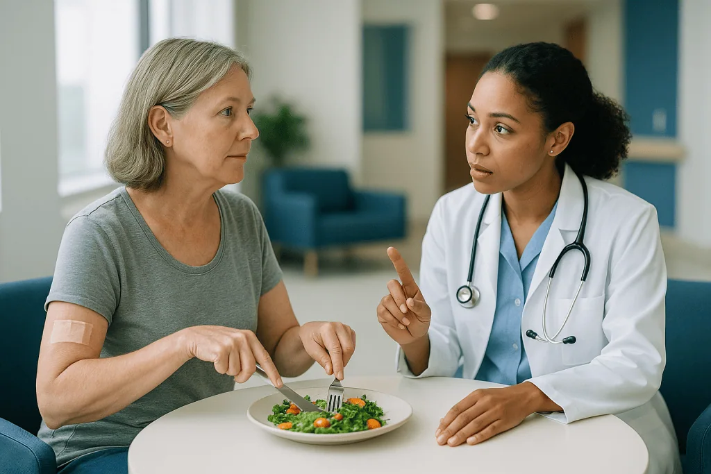 Doctor discussing nutrition with patient during meal — Who tends to heal smoothly, and who is usually asked to wait