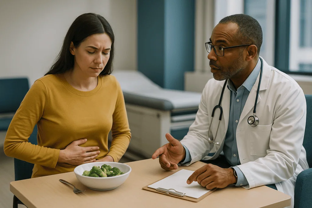 Doctor consulting patient about diet and digestive health: Who the low FODMAP diet is usually for, and who is usually asked 
