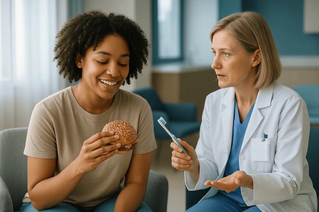 Doctor consulting patient about burger and toothbrush: Who tooth gems are usually for, and who is usually asked to wait