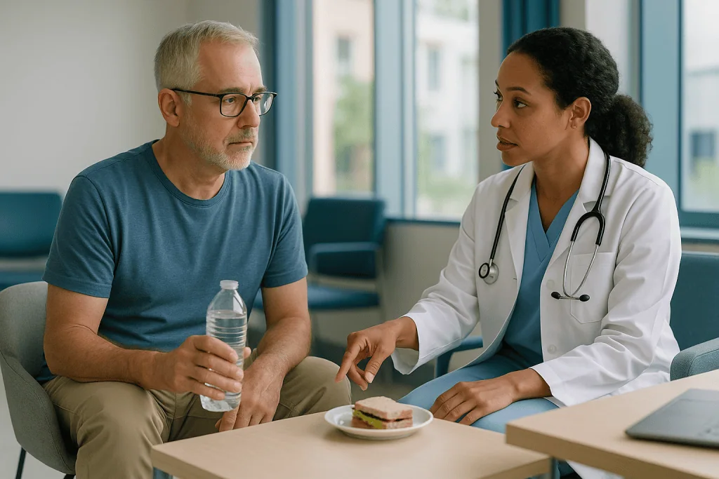 Doctor consulting with male patient in clinical setting: Who travels comfortably, and who is usually asked to wait