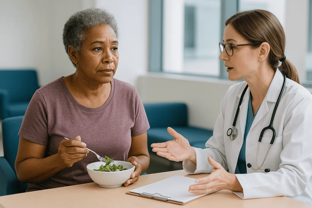 Doctor consulting patient about healthy diet with salad: Who usually benefits from a second opinion, and who is usually aske