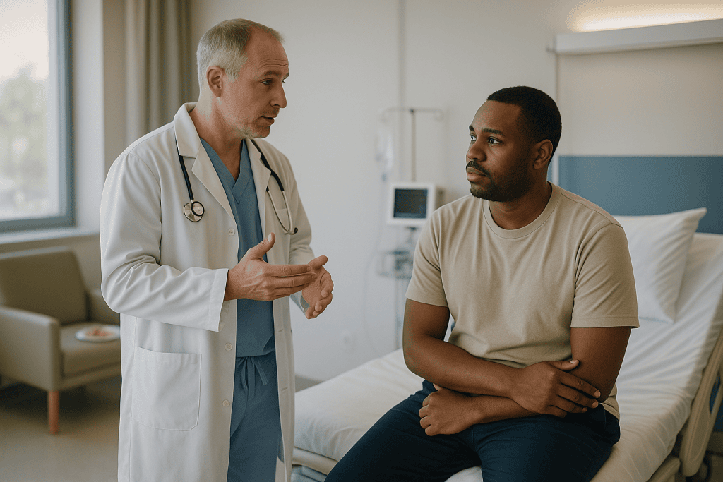 Doctor consulting with patient in hospital room — Who usually gets a chest tube, and who is usually asked to wait