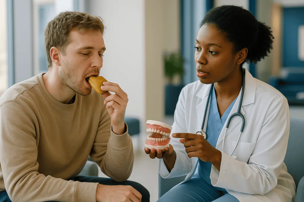 Dentist consulting patient about dental model with apple: Who usually gets a filling, and who is asked to wait