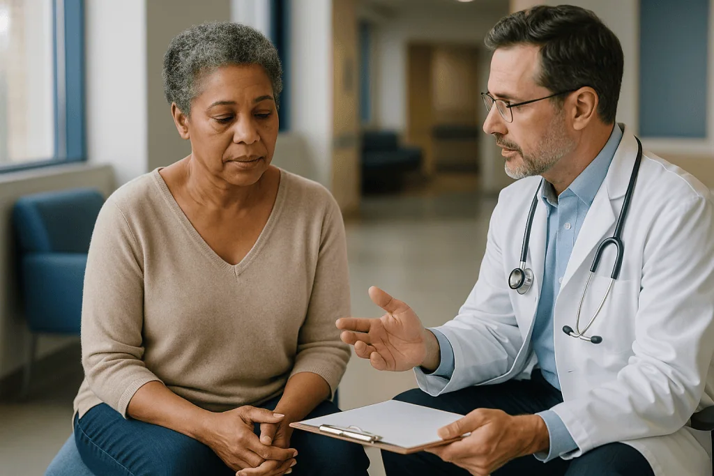 Doctor consulting with mature patient in hospital corridor: Who usually gets a tumor board review, and who is usually asked 