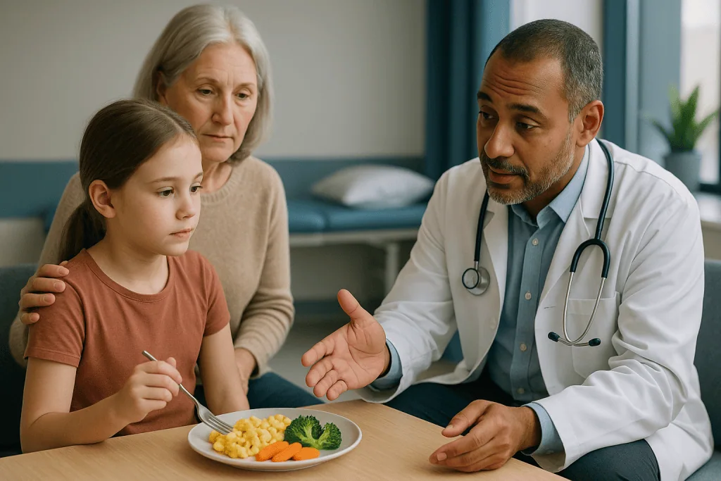 Doctor discussing nutrition with child and grandmother — Who usually gets a VP shunt, and who is usually asked to wait