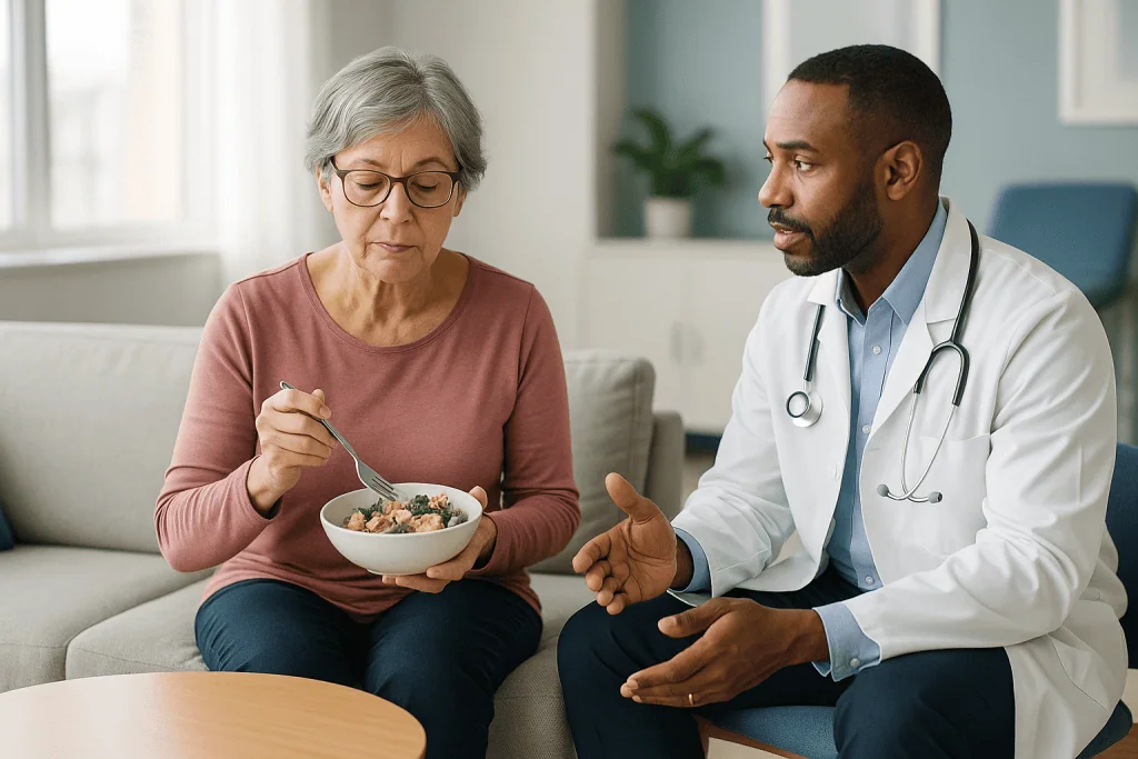 Doctor consulting patient about healthy eating bowl: Who usually gets active follow-up, and who is usually asked to wait and