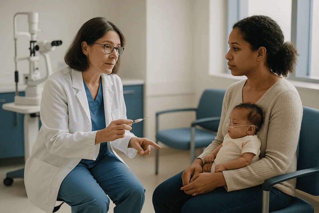 Pediatrician with syringe consulting mother and infant: Who usually gets laser, who usually gets an anti-VEGF injection, and