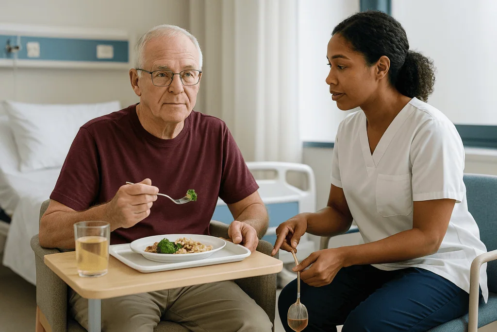 Elderly man eating meal with nurse in hospital room: Who usually goes home with a catheter, and who is asked to wait