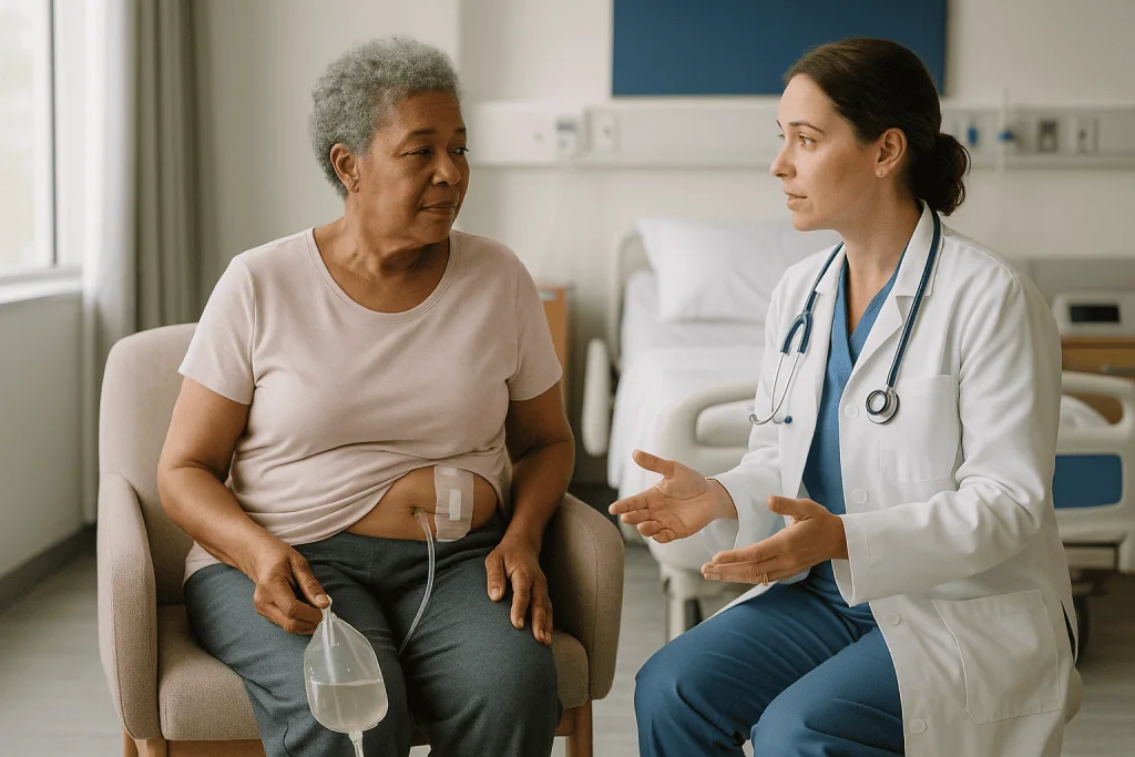 Doctor consulting with older patient in hospital room: Who usually goes home with a nephrostomy tube, and who is asked to wa