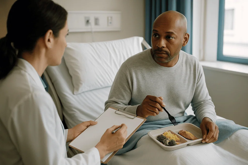 Healthcare worker consulting patient about meal tray — Who usually has a craniotomy, and who is asked to wait