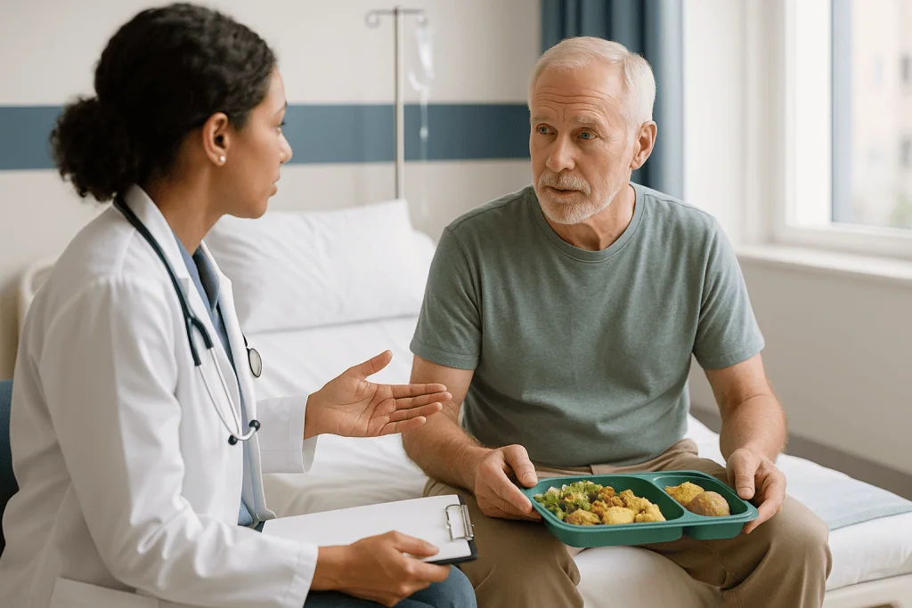Doctor consulting patient with meal tray in hospital: Who usually has a laminectomy for spinal stenosis, and who is asked to