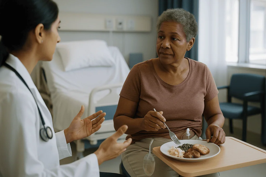 Doctor consulting patient about meal during hospital visit: Who usually has a nephrostomy tube, and who is asked to wait