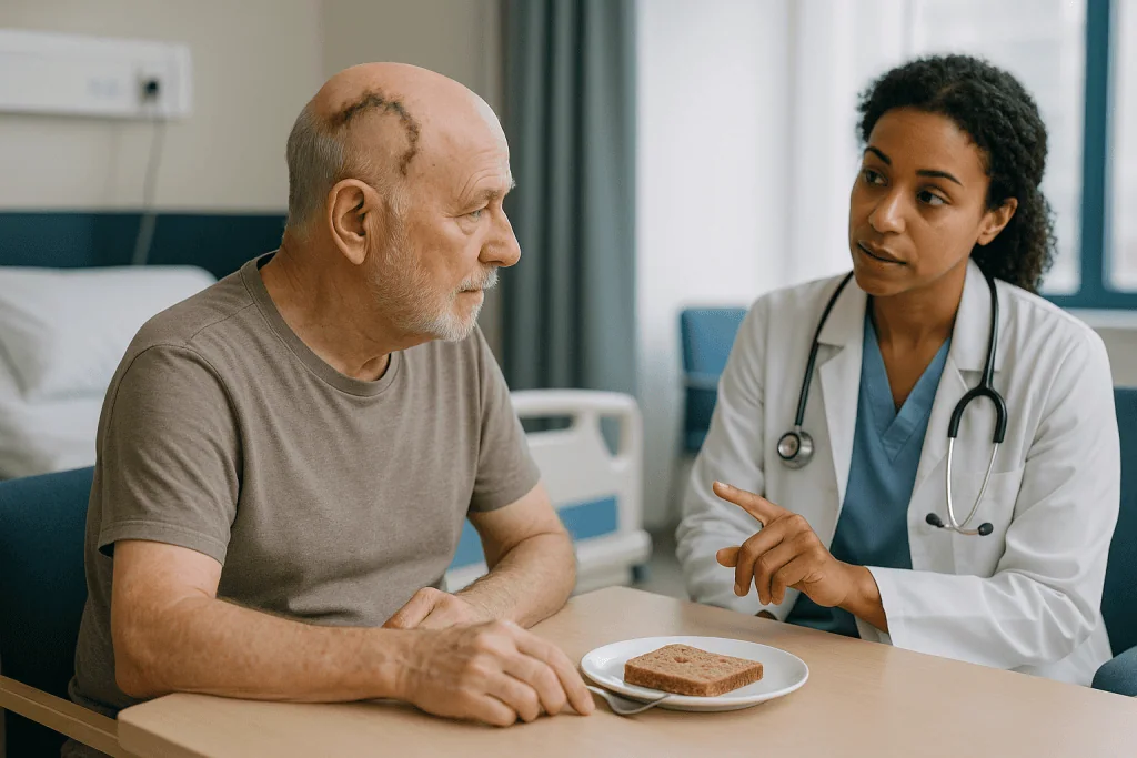 Doctor consulting patient about bread and nutrition: Who usually has scalp reconstruction, and who is asked to wait