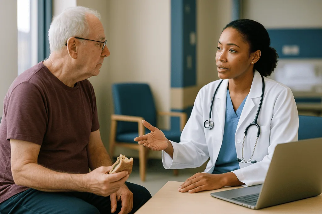 Doctor consulting elderly patient with laptop present: Who usually needs dental clearance before cardiac surgery, and who is