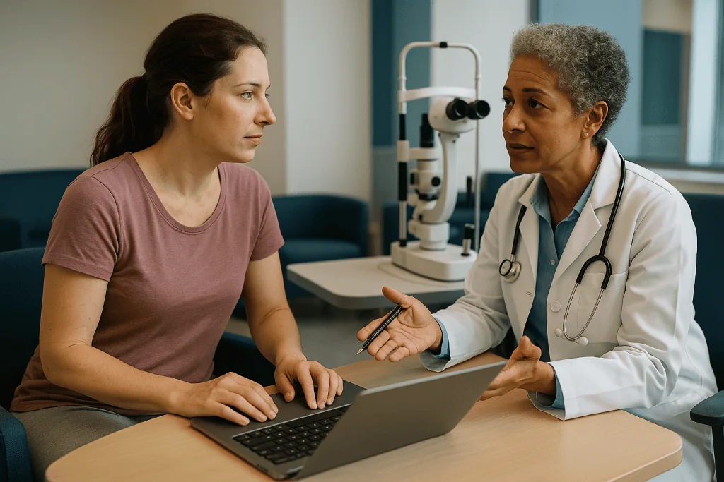 Female patient in consultation with ophthalmologist at eye clinic — Who usually qualifies for LASIK with astigmatism