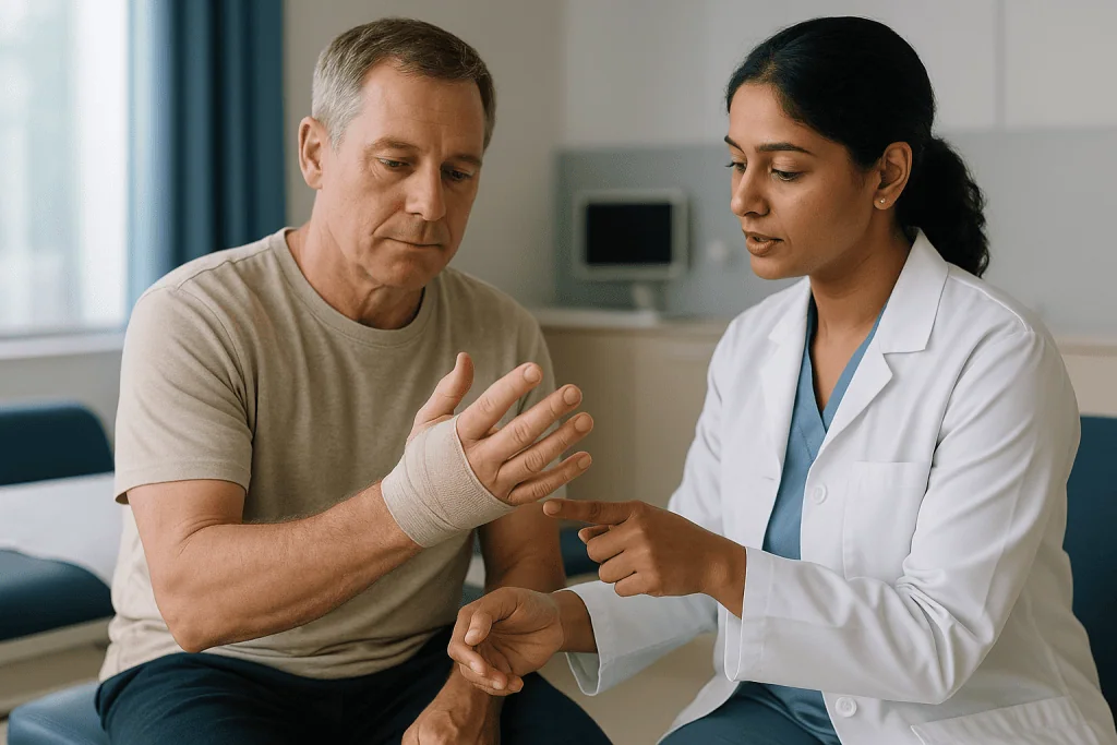 Doctor examining patient's bandaged hand in clinic: Who usually starts hand therapy early, and who is asked to wait?