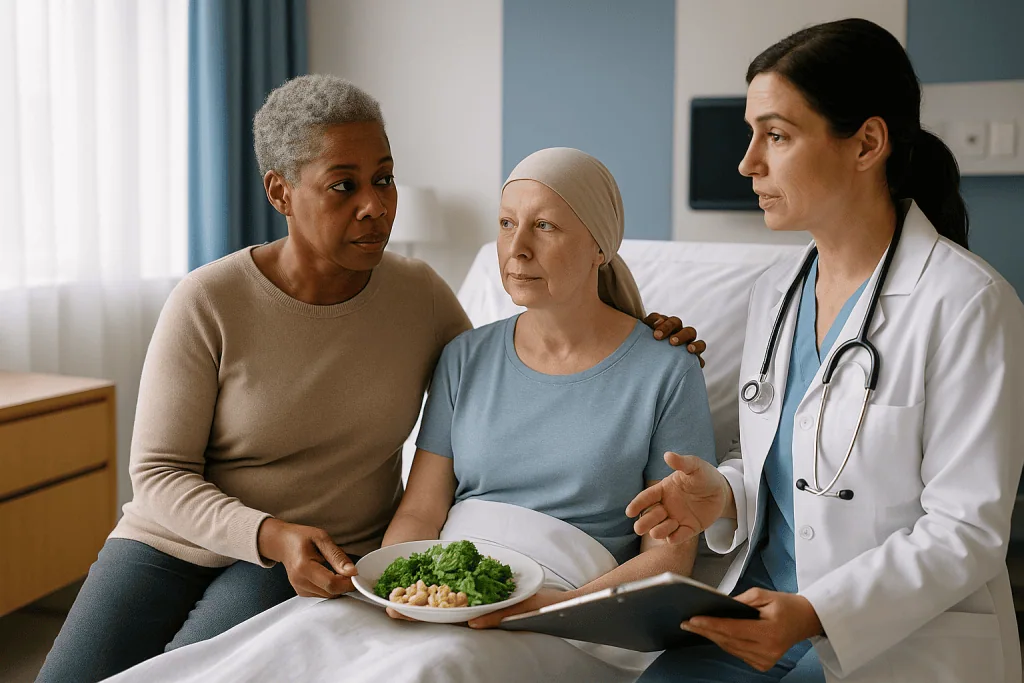 Doctor consulting cancer patient with family member about nutrition: Who usually takes on the caregiver role, and who is ask