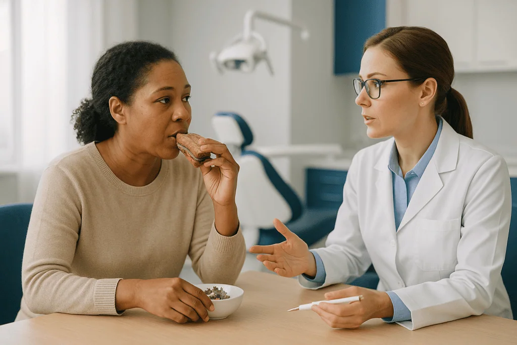Female dentist consulting patient about food and diet: Who veneers are usually for, and who is usually asked to wait
