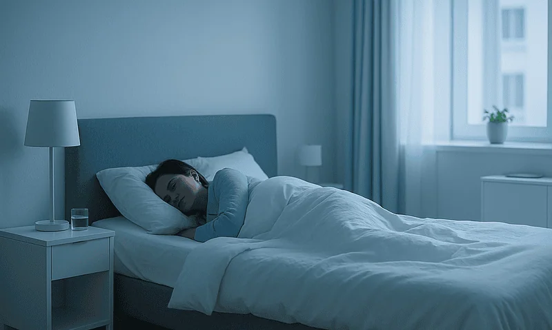 Woman sleeping peacefully in a modern bedroom with natural light.
